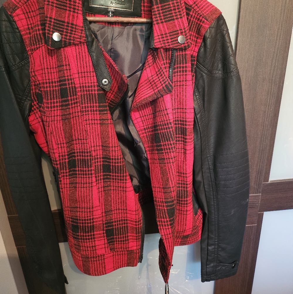 Red and Black Plaid Jacket with Pleather Sleeves